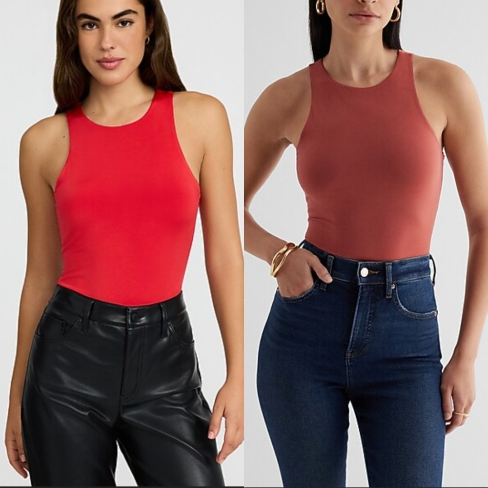 Express x2 Sleeveless Contour High Neck Bodysuits in Red + Cinnamon BUNDLE